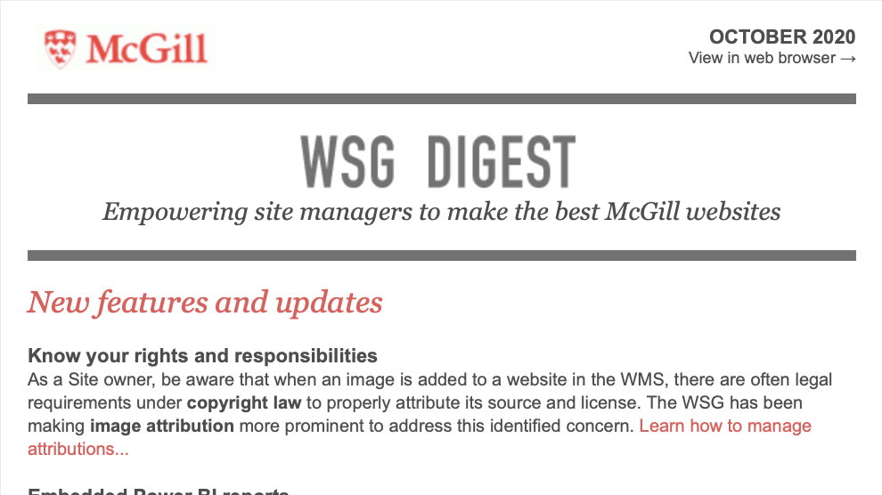 Screenshot of WSG Digest newsletter for Oct 2020