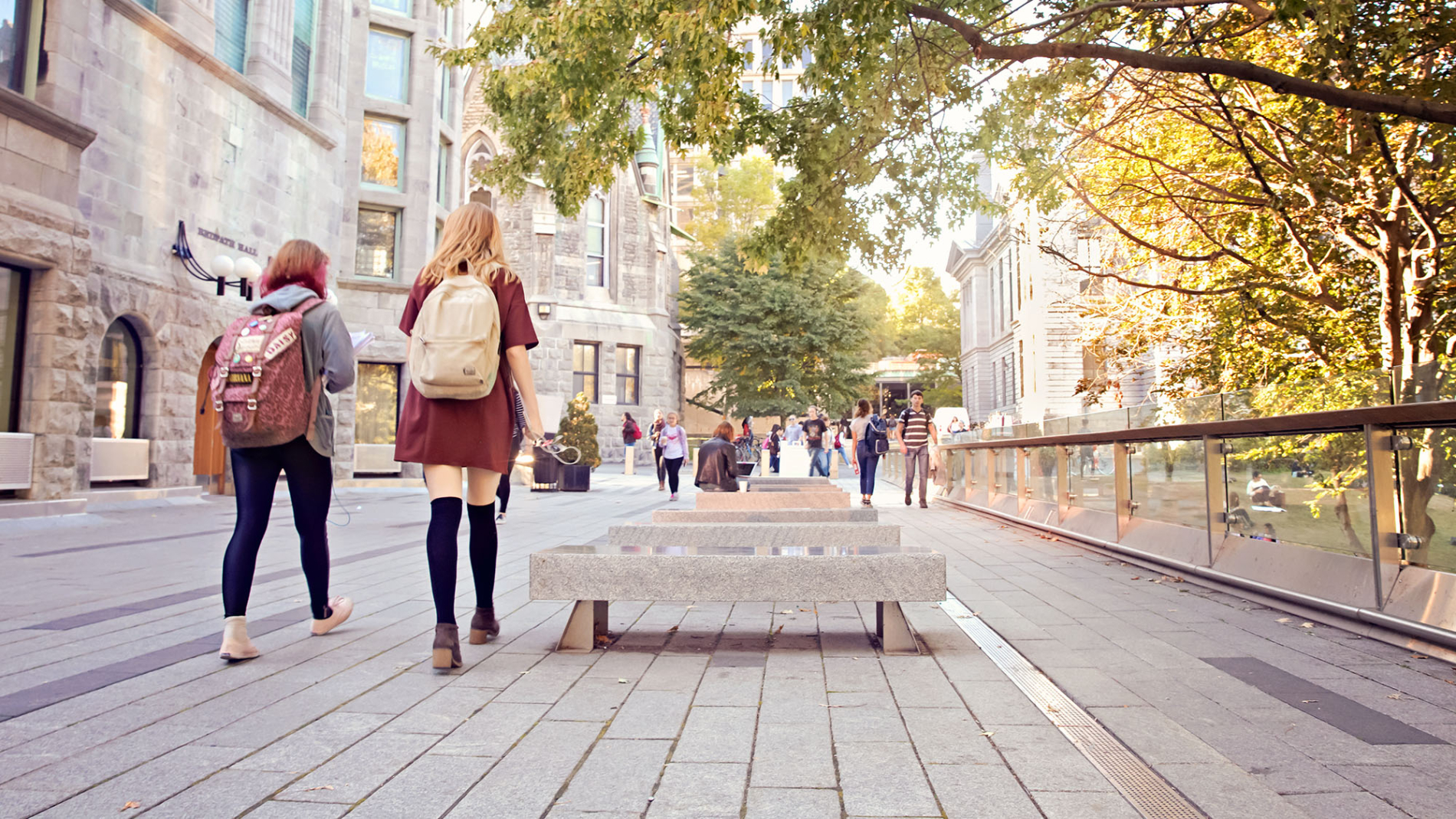 Students walking on McGill's downtown campus heading into the sunlight on a warm summer day.