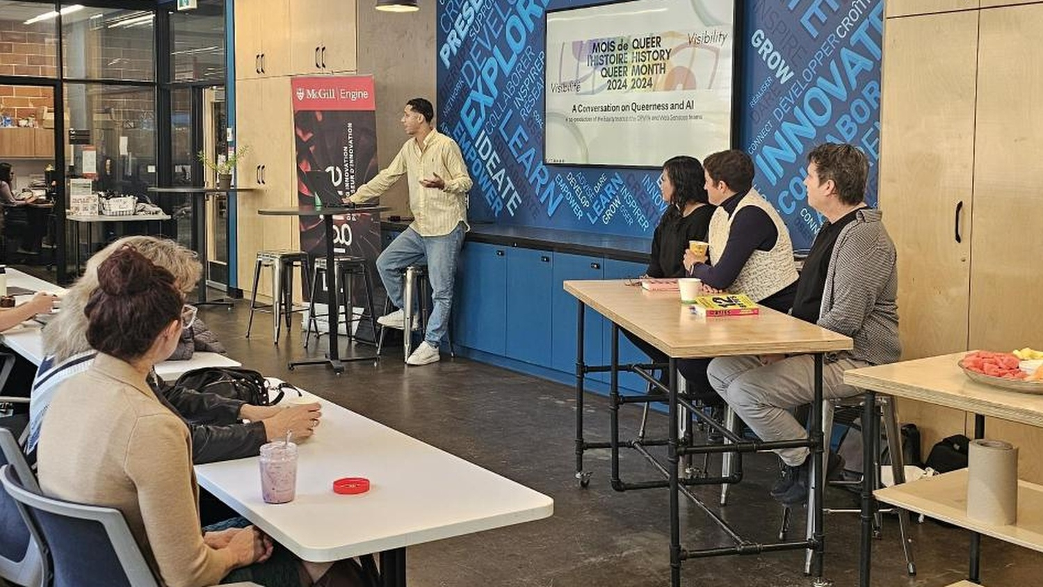 Panel members presenting at A Conversation on Queerness and AI, a co-production of the Equity team in the OPVPA and Web Services, part of McGill Queer History Month 2024.