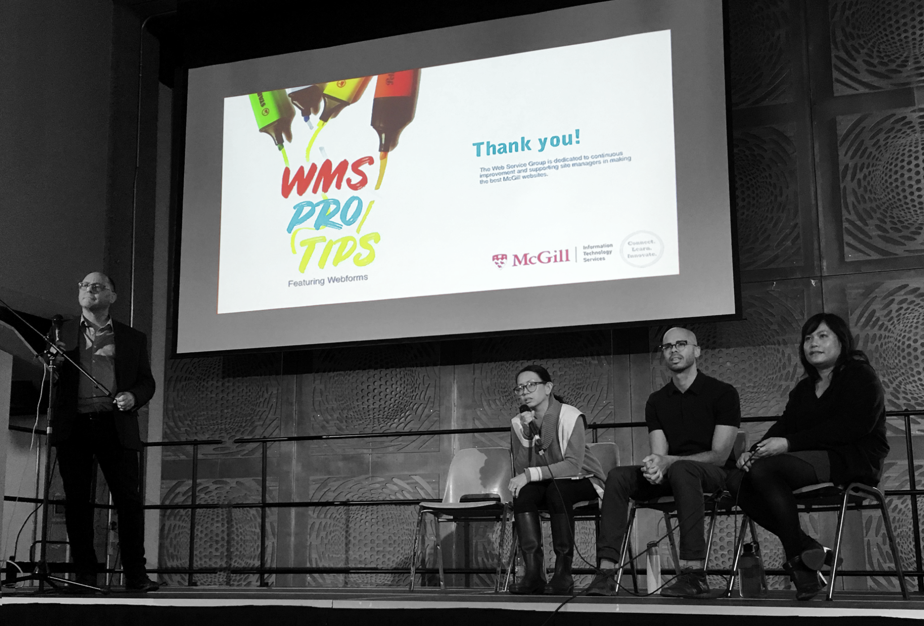 Photo illustration of WMS Pro Tips presentation with (from left to right) Karl Jarosiewicz, Lee-Yan Marquez, Jason Delmarr and Joyce Peralta. Photo by Gabirelle Krim. Photo illustration of WMS Pro Tips presentation with (from left to right) Karl Jarosiewicz, Lee-Yan Marquez, Jason Delmarr and Joyce Peralta. Photo by Gabirelle Krim.