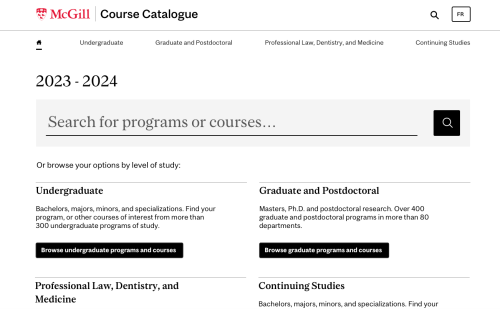 Screenshot of McGill Course Catalogue
