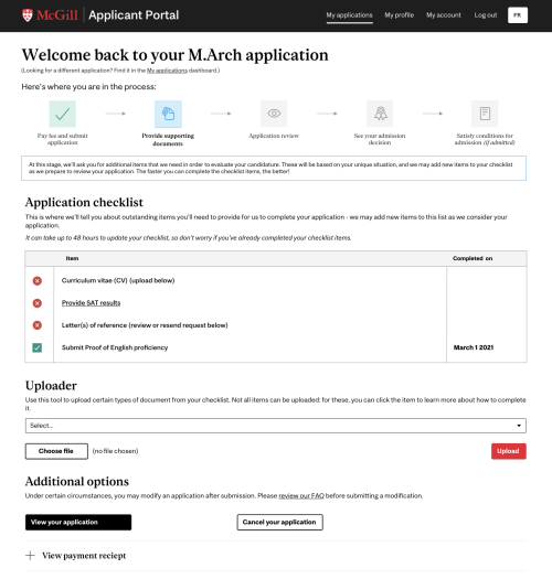 Screen capture of new applicant portal