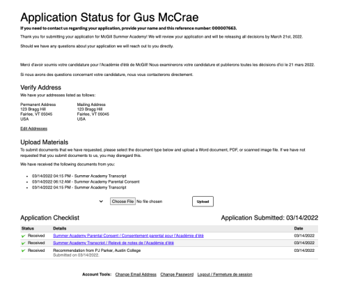 Screen capture of original applicant portal
