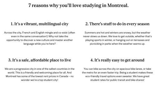A list of reasons users will love studying in Montreal, grouped into short paragraphs with headings