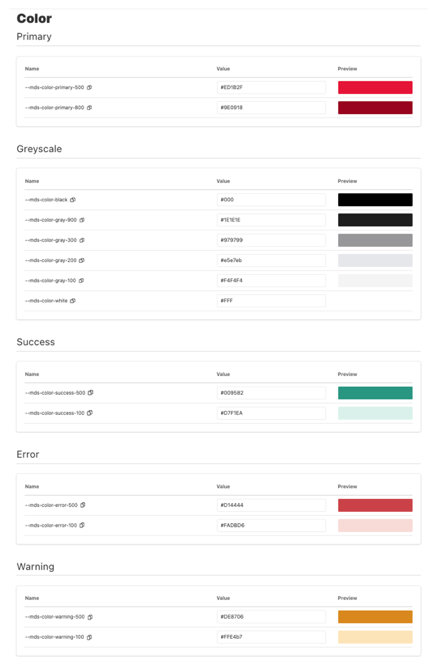 McGill colors with HEX codes and variable names