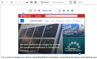 Using CKEditor 5, an image is highlighted, the contextual toolbar appears showing options for aligning or resizing the image
