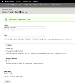 Screenshot of admin interface to populate Twitter Pull fields