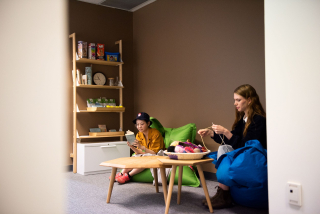 two students on bean bags