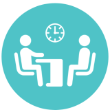 icon of two people seated face-to-face at a table. A clock hangs above.