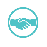 Icon of two hands holding each other, surrounded by a teal circle.