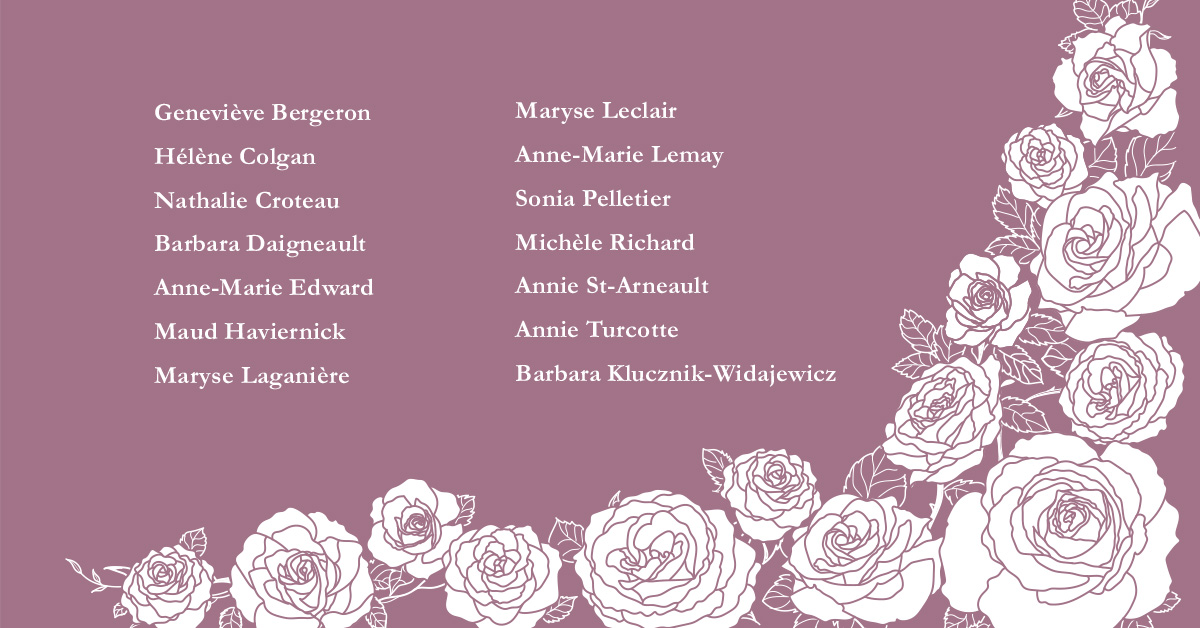 14 roses decorated with leaves and the names of 14 victims of the polytechnique tragedy